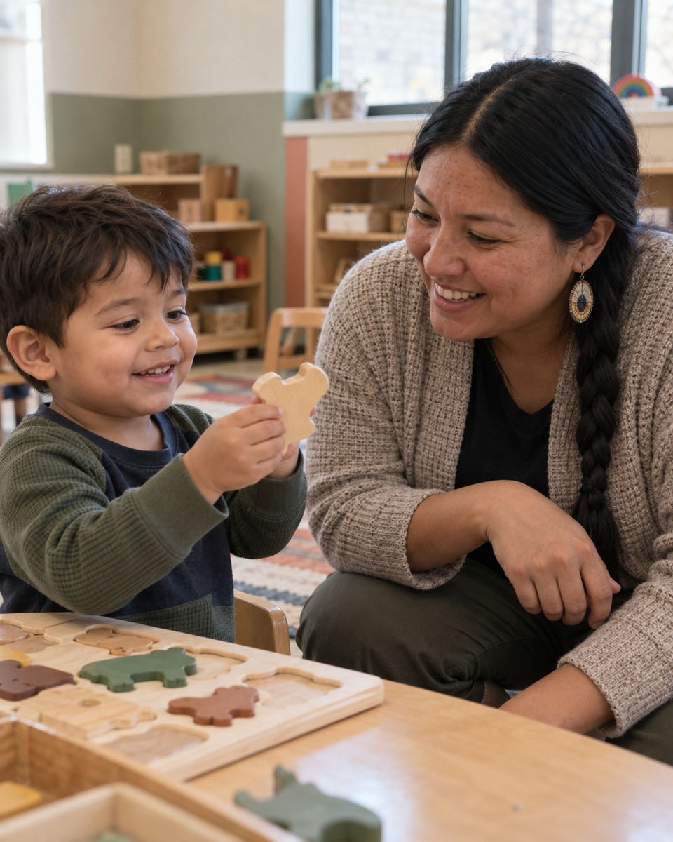 A teacher smiling as a toddler proudly shows her a wooden puzzle piece